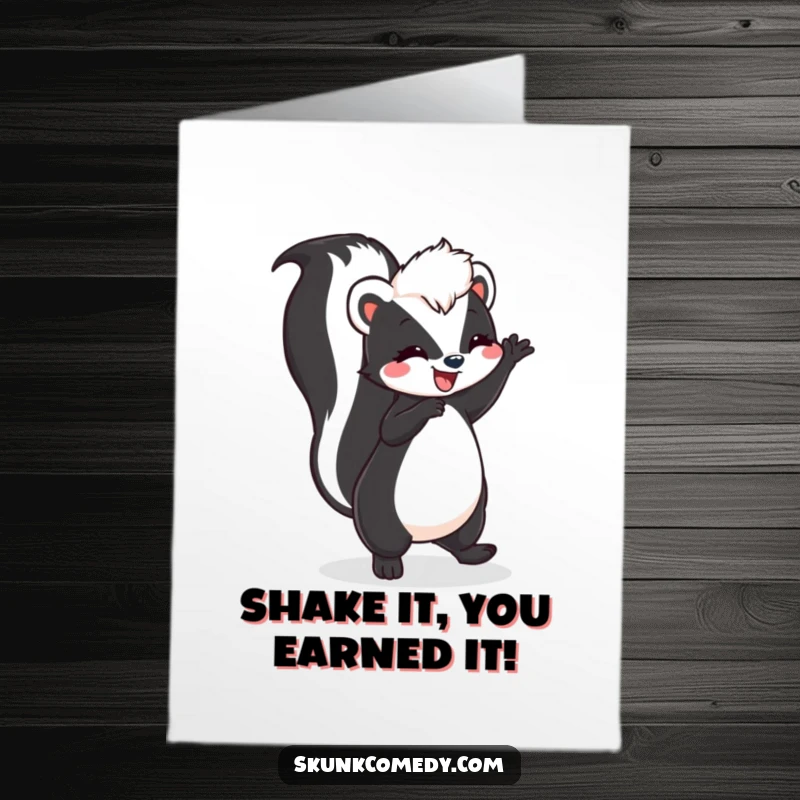 Funny Free Printable Congrats Card: A skunk performs a happy dance with its tail held high, a jubilant downloadable gift.