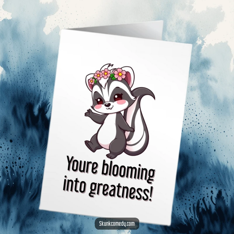 Funny Free Printable Congratulations Card featuring a skunk character in a flower crown, twirling joyfully to celebrate.