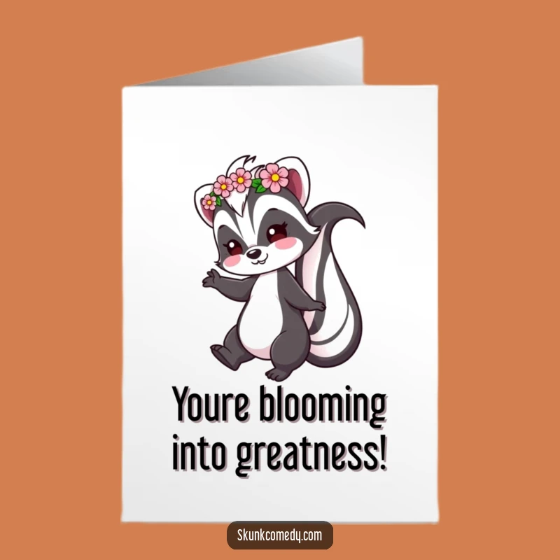 Free Printable Congrats Card: Twirling Skunk Flower Crown for Success