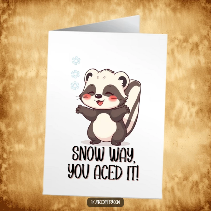 Funny Free Printable Congratulations Card featuring a skunk catching a snowflake with its paws. A charming and humorous downloadable gift.