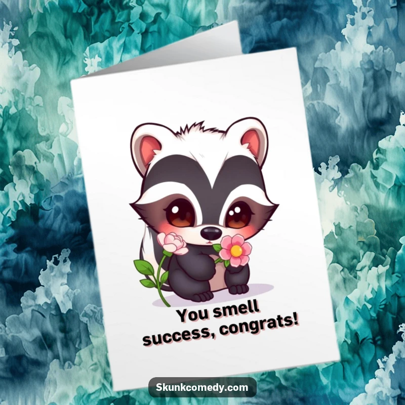 Funny Free Printable Congratulations Card: A wide-eyed skunk delicately sniffs a blooming flower, conveying sweet sentiments for any occasion.
