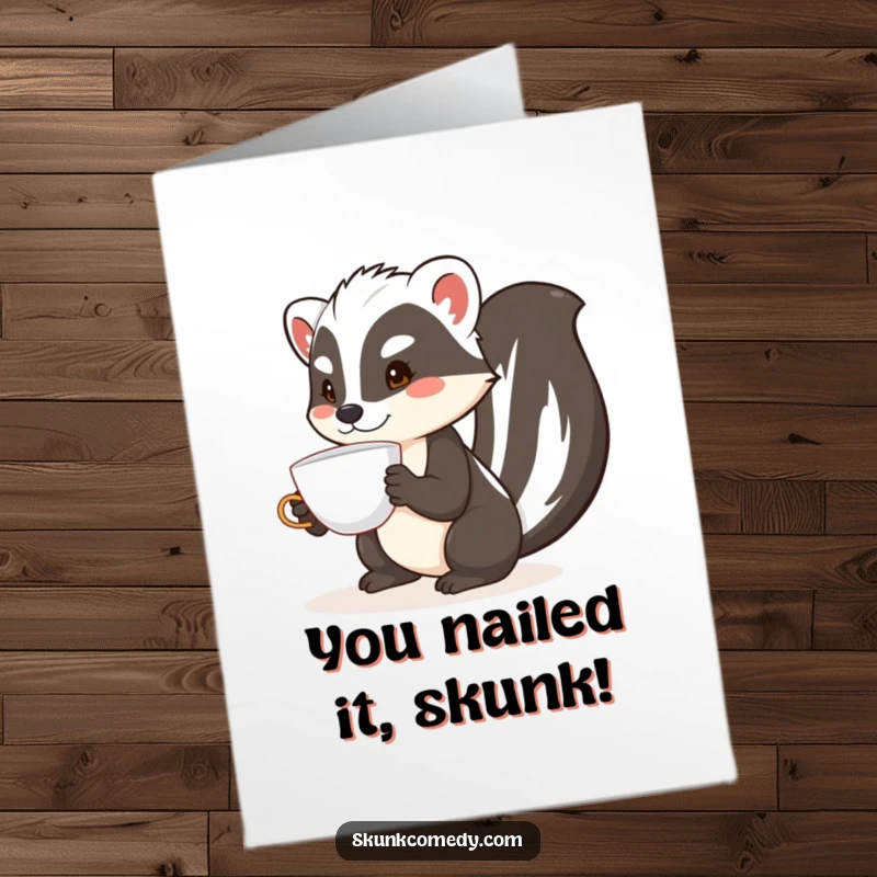 Free Printable Congratulations Card: Amusing skunk attempting to balance a teacup on its nose, celebrating a win.
