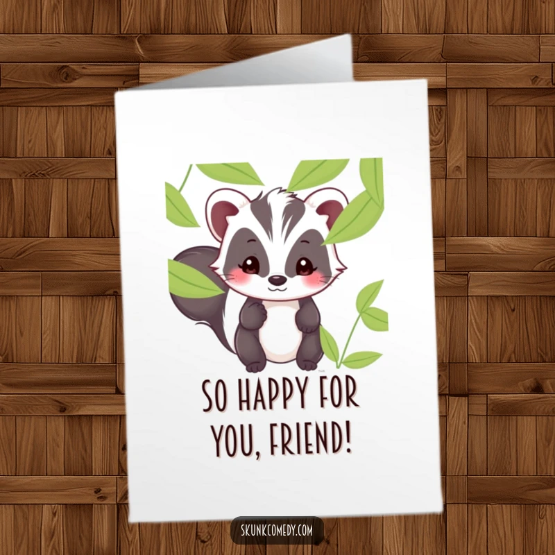 Funny Free Printable Kawaii Skunk Congrats Card: Shy skunk peeking from leaves, celebrating achievements with a sweet smile.