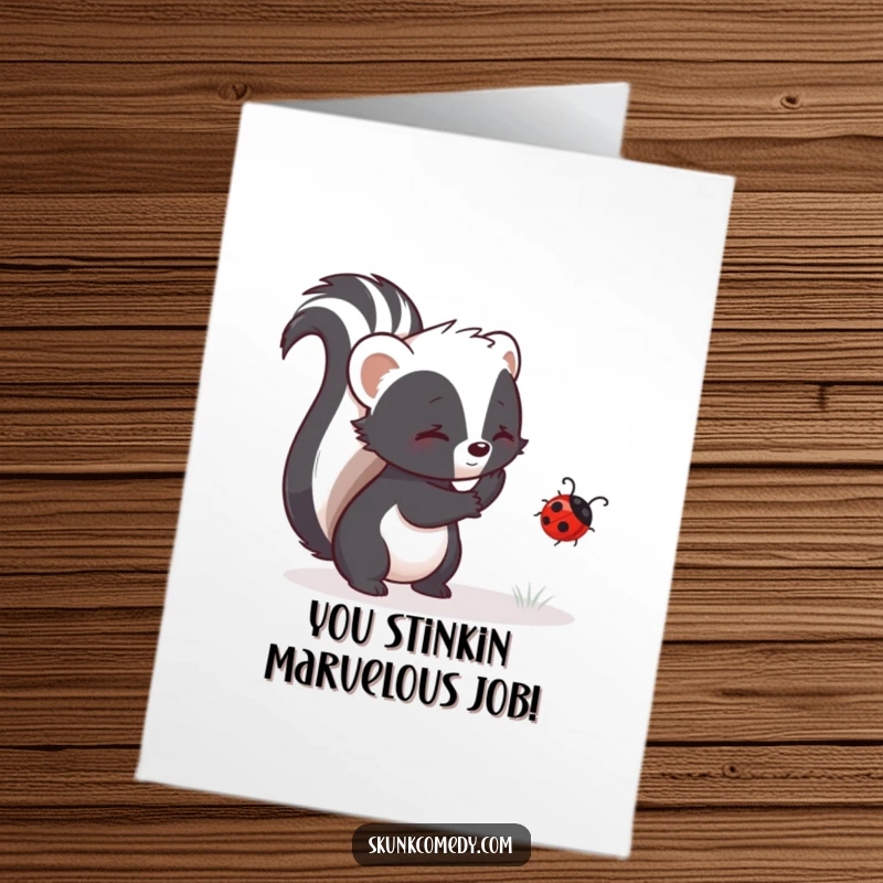 Funny Free Printable Congratulations Card: A skunk gently nudges a ladybug, representing support and success in a humorous way.