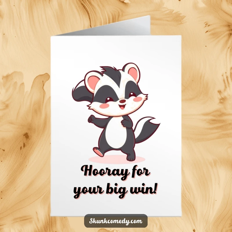 Funny Free Printable Kawaii Skunk Congrats Card: A cute skunk joyfully hopping to celebrate achievements, a downloadable greeting.