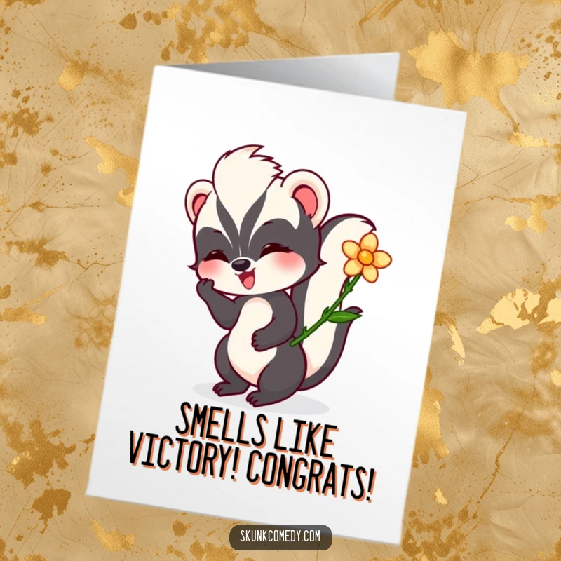 Funny Free Printable Congratulations Card with a happy skunk enjoying a flower, symbolizing gentle success and happiness.