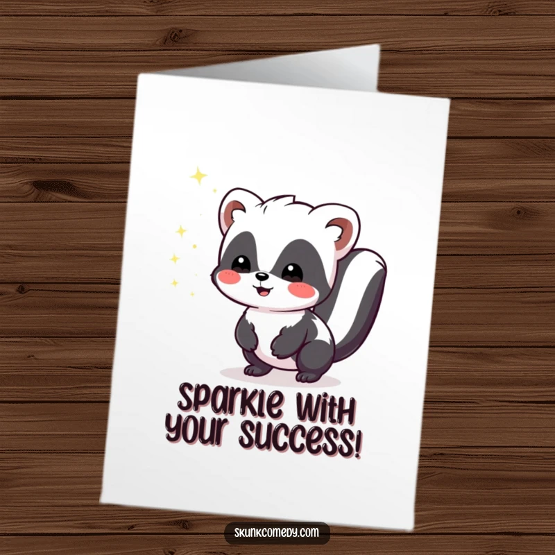 Funny free printable congratulations card: A Kawaii skunk emitting tiny, harmless sparkles of joy. A cute and humorous downloadable card.
