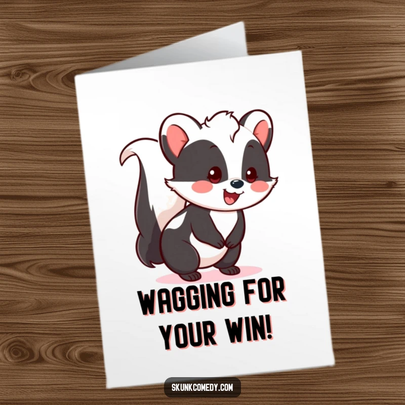Funny Free Printable Congratulations Card with a cheerful kawaii skunk doing a happy tail wag, celebrating your wonderful achievements.