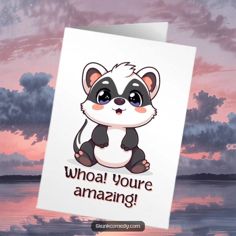 Funny free printable congratulations card showing a Kawaii skunk with wide, surprised eyes looking upwards, amazed by your achievement.
