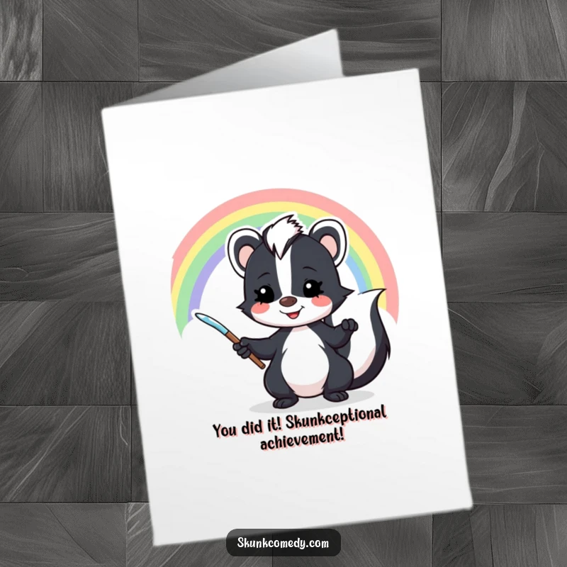 Funny Free Printable Congratulations Card showing a grinning skunk artist creating a stunning rainbow, perfect for any celebration.
