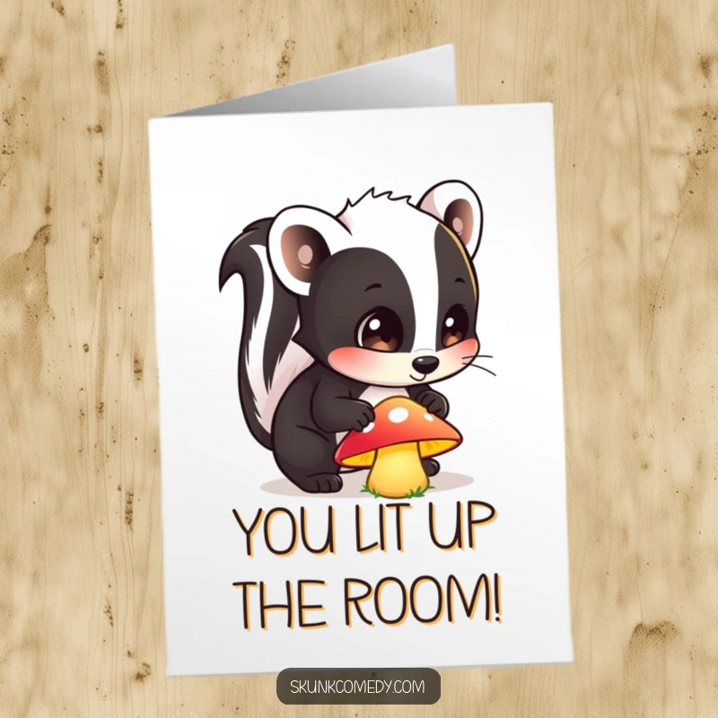 Free Printable Congratulations Card: A skunk curiously sniffs a bioluminescent mushroom, its eyes wide with wonder, celebrating an amazing accomplishment.