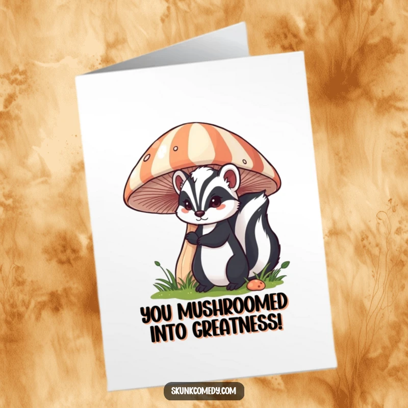 Funny free printable congratulations card showing a curious skunk peeking from behind a giant, vibrant striped mushroom.