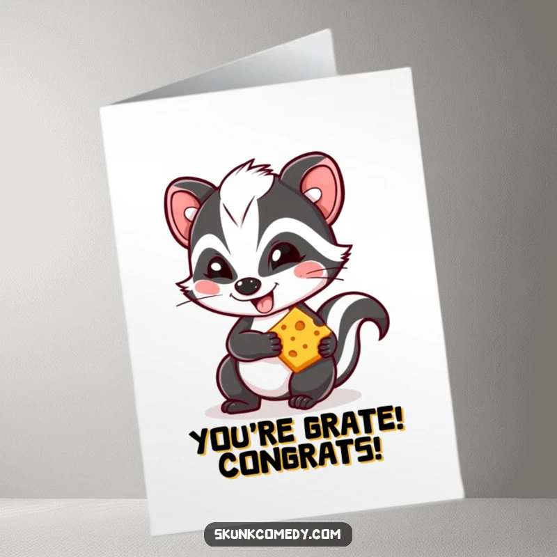 Funny Free Printable Congratulations Card: Kawaii skunk grins mischievously holding cheese, celebrating your wonderful news.