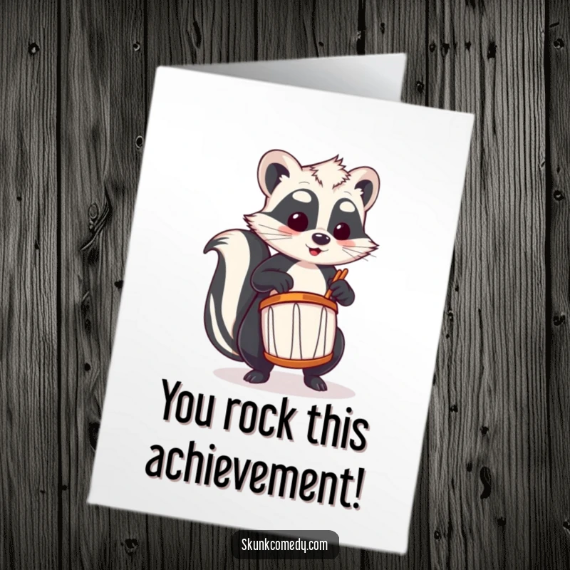 Free Printable Congratulations Card: A skunk energetically playing a tiny drum, celebrating a big win.
