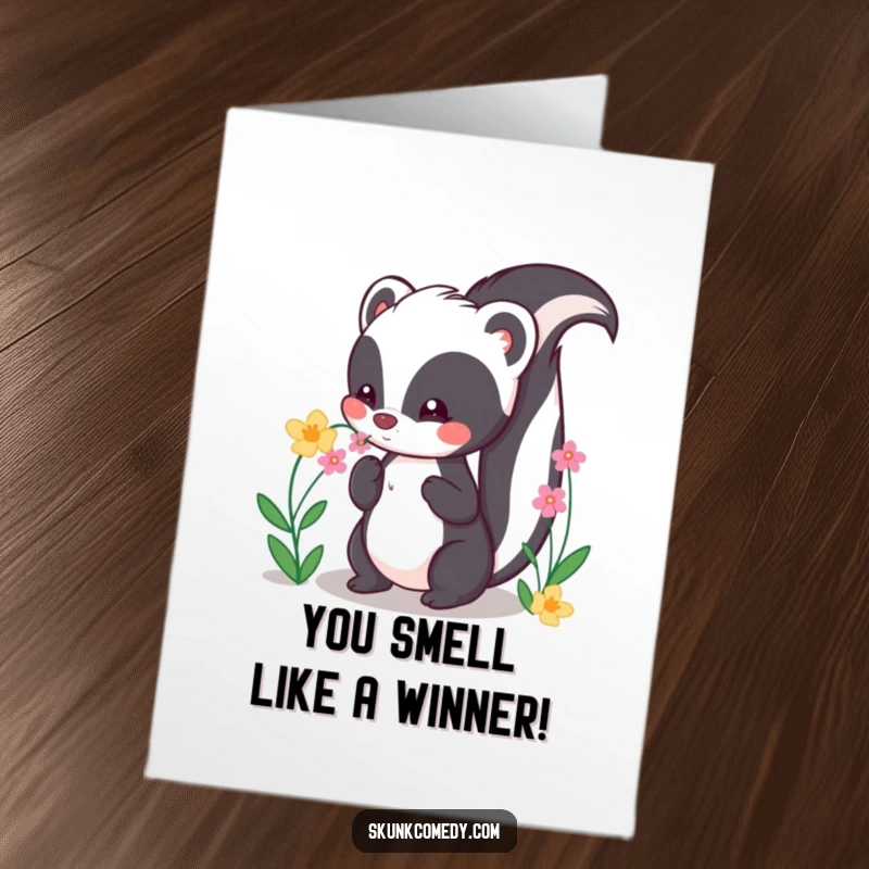 Funny Free Printable Congratulations Card showing a kawaii skunk with tail held high, sniffing flowers with joy and pride.