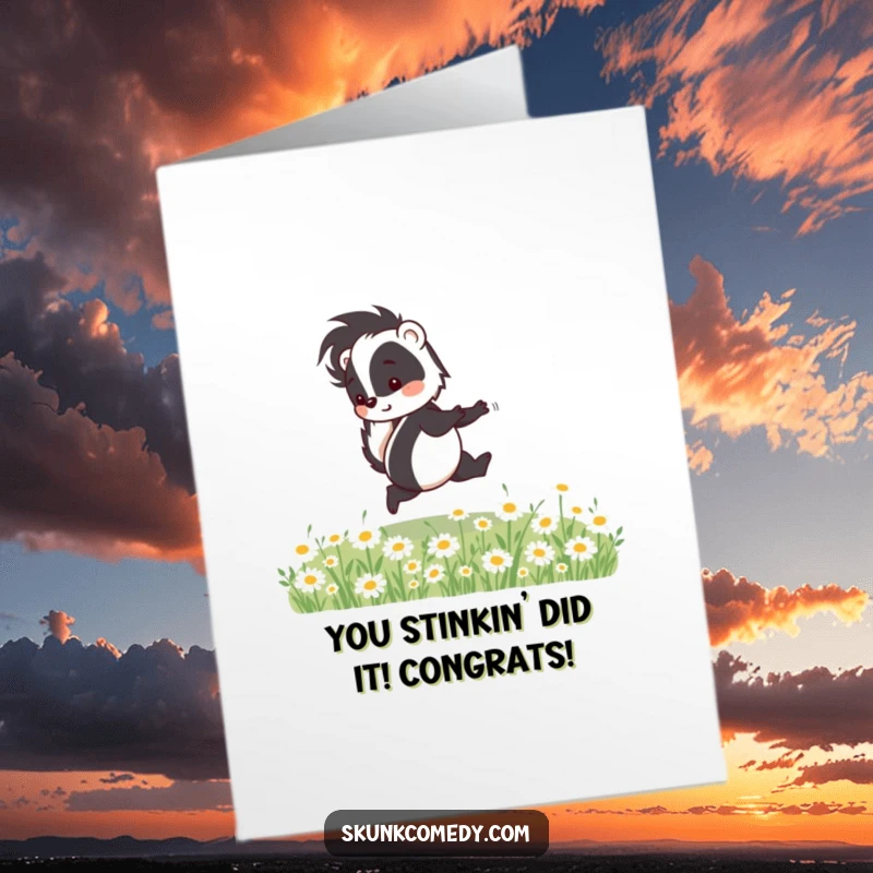 Funny Free Printable Congratulations Card: A skunk happily skips through a field dotted with daisies.