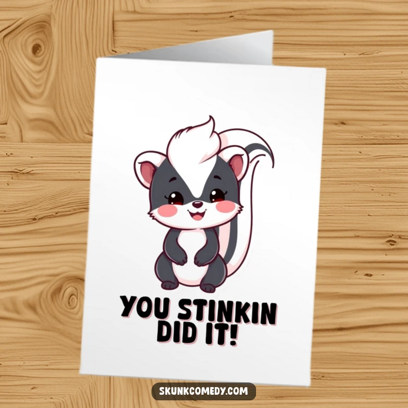 Funny free printable congratulations card showing a friendly Kawaii skunk with its tail up, celebrating your amazing achievement.