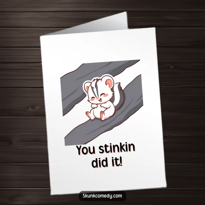 Free printable congratulations card: A happy skunk gleefully slides down a smooth rock, perfect for celebrating achievements.
