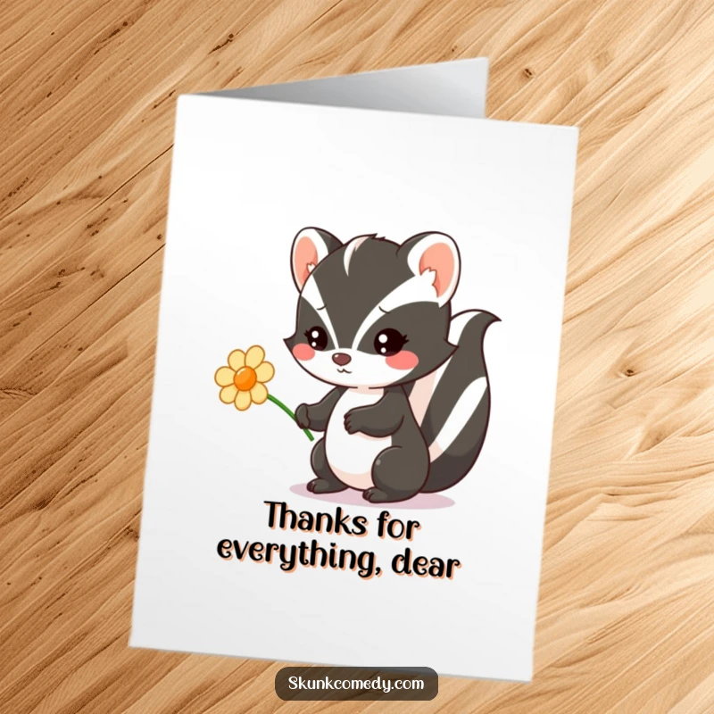 Funny free printable thank you card showing a Kawaii skunk adorably offering a flower, expressing heartfelt thanks.