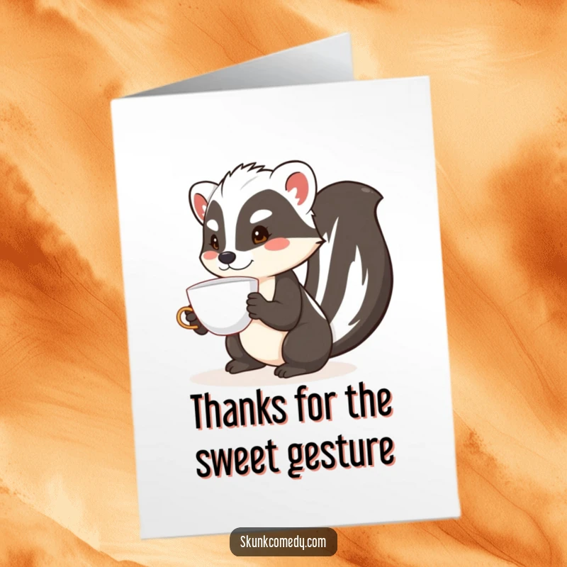 Funny Free Printable Thank You Card: A skunk concentrating hard while balancing a teacup on its nose.