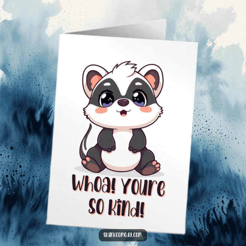 Funny free printable thank you card featuring a Kawaii skunk with wide, surprised eyes looking up, expressing pure gratitude.