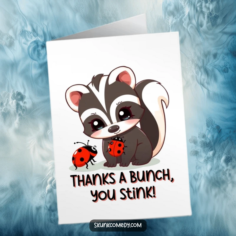 Funny Free Printable Thank You Card with a skunk and ladybug sharing a sweet moment. A lighthearted and humorous downloadable gift.
