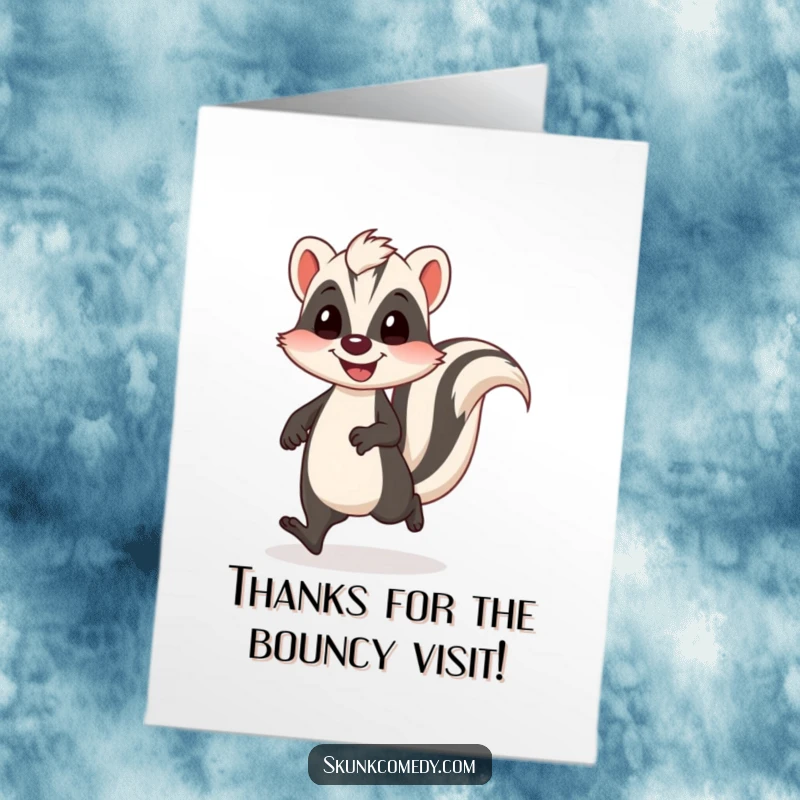 Funny free printable thank you card depicting a skunk in a funny, wobbly walk, bouncing along happily.