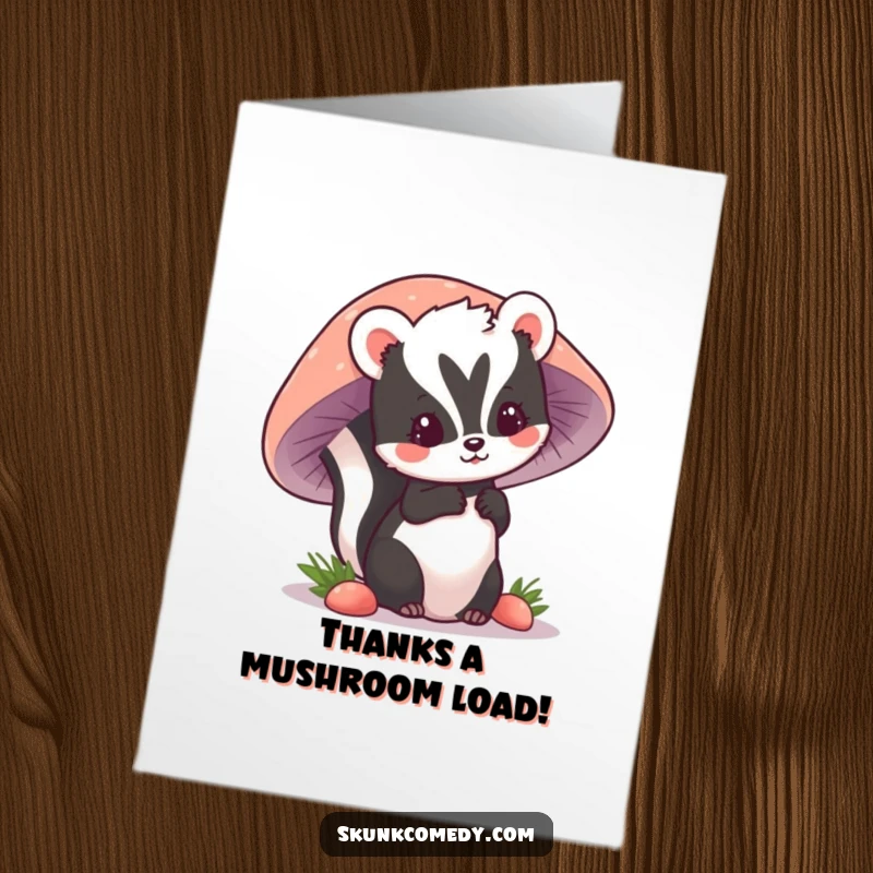 Funny Free Printable Thank You Card: Adorable kawaii skunk emerging from behind a mushroom, offering thanks with a shy expression.