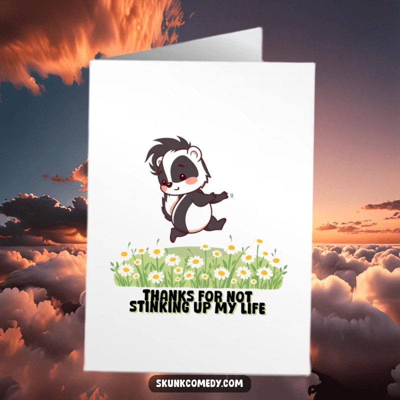 Funny Free Printable Thank You Card: A skunk happily skips through a field of daisies, expressing thanks.