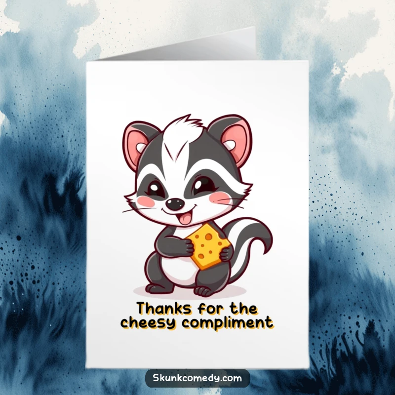 Funny Free Printable Thank You Card: Kawaii skunk grins mischievously while holding cheese, expressing thanks adorably.