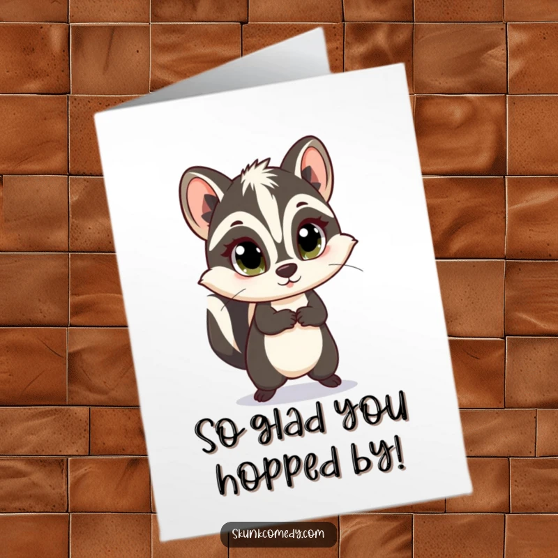 Funny free printable thank you card with a skunk sporting wide, innocent eyes in a delightful skipping motion.