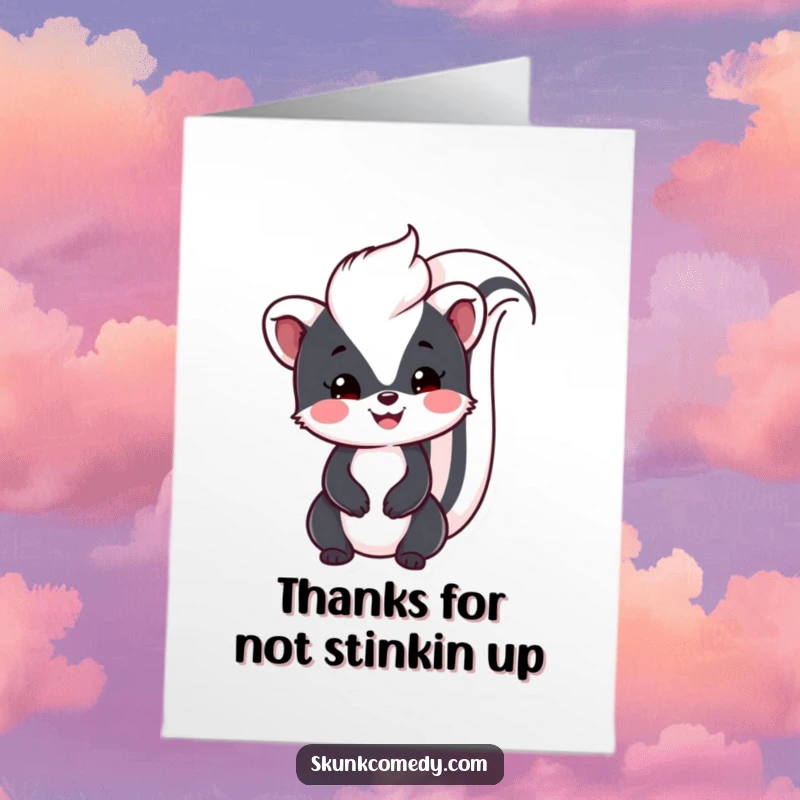 Funny free printable thank you card featuring a Kawaii skunk with a big smile and its tail proudly held high, saying thanks.