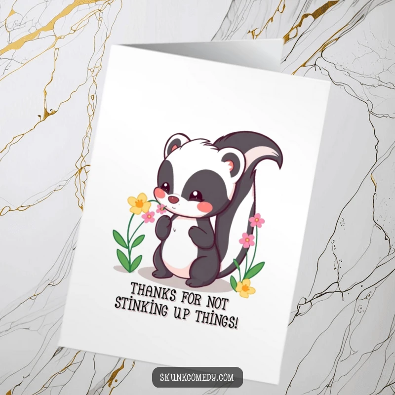 Funny Free Printable Thank You Card featuring a kawaii skunk with its tail up, happily sniffing cheerful flowers.