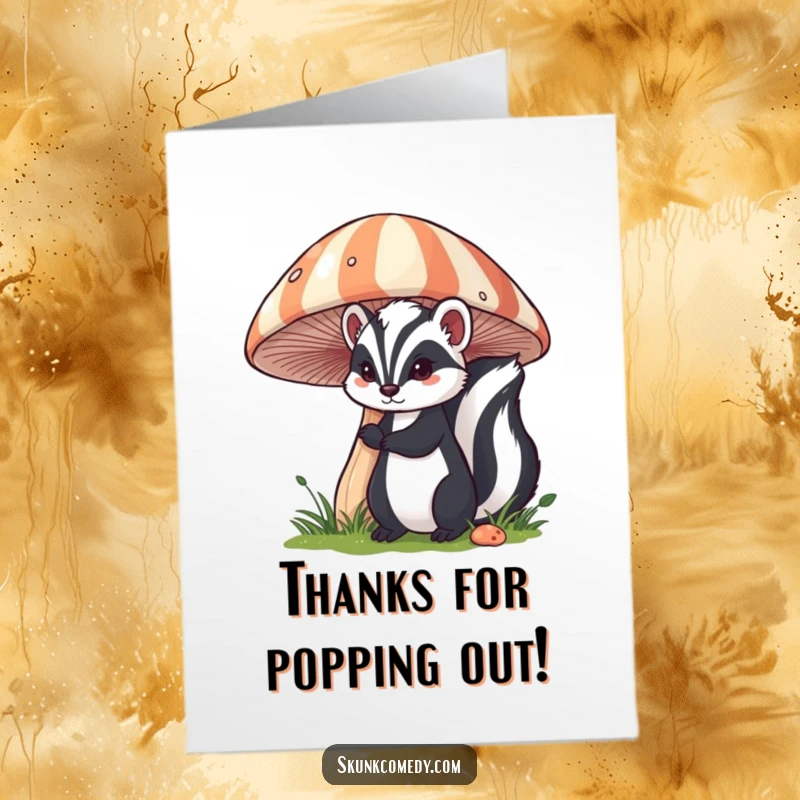 Funny free printable thank you card with a skunk curiously peeking from behind a large mushroom with striking stripes.