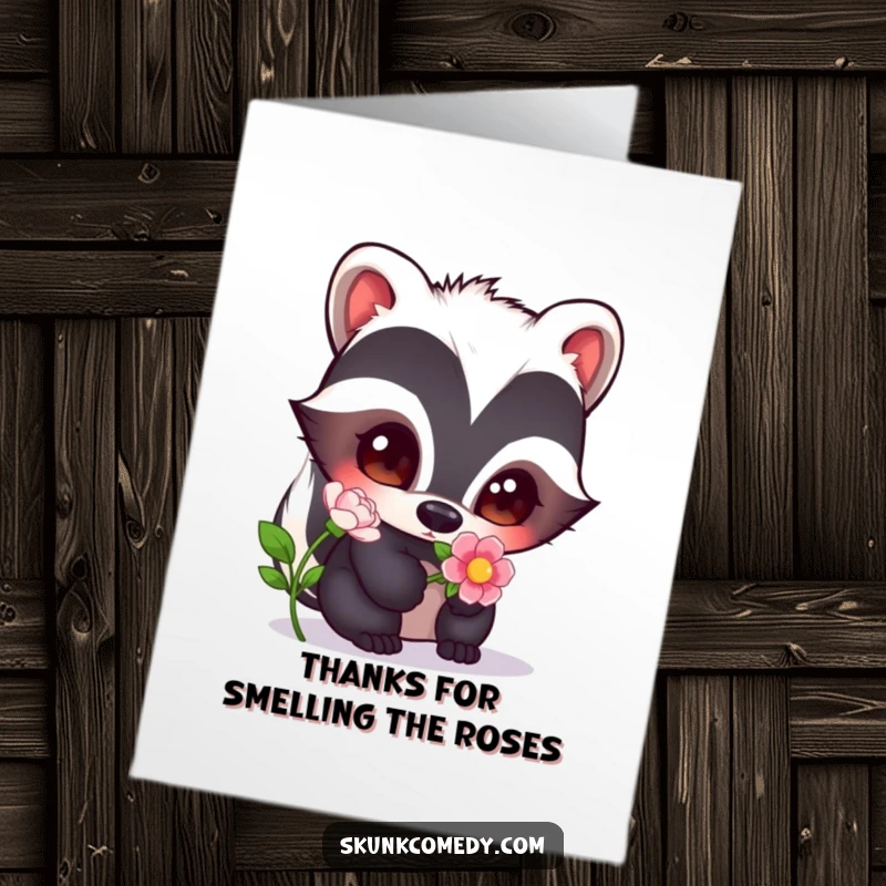 Funny Free Printable Thank You Card: A skunk with big curious eyes gently sniffs a vibrant flower, perfect for expressing gratitude.