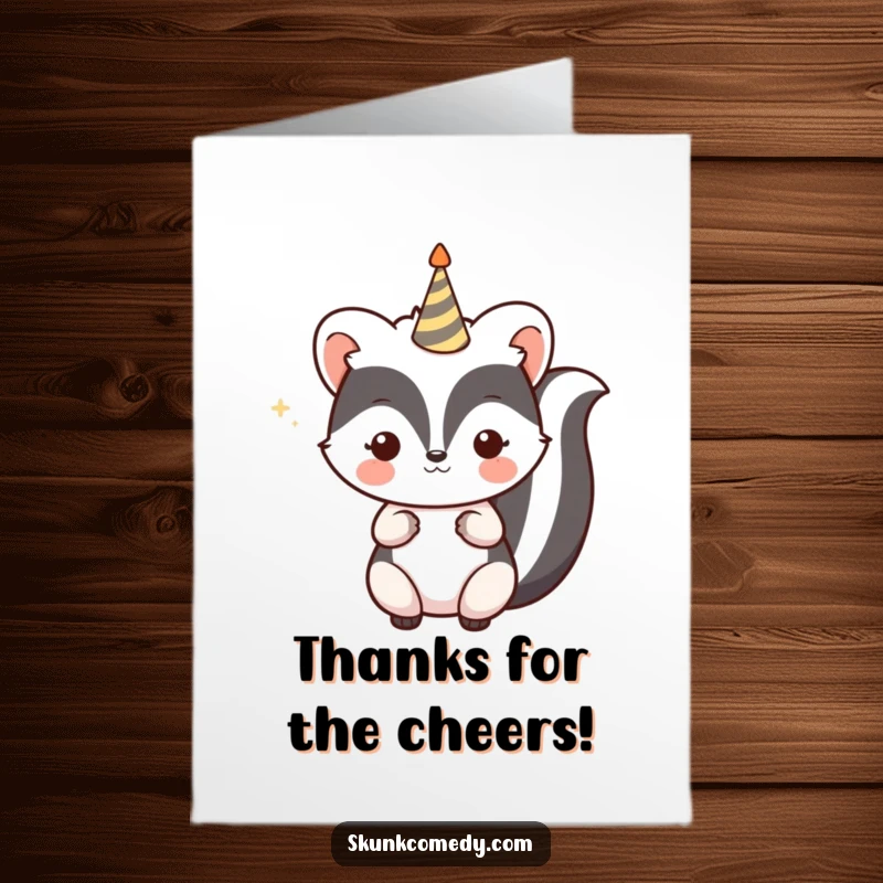Funny Free Printable Thank You Card with a kawaii skunk blowing a small party horn, celebrating your kindness with festive enthusiasm.