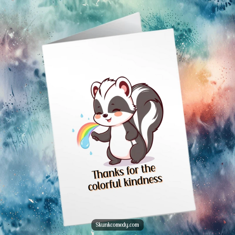 Funny Free Printable Thank You Card: A cute skunk with a happy grin spraying a vibrant rainbow, expressing thanks.