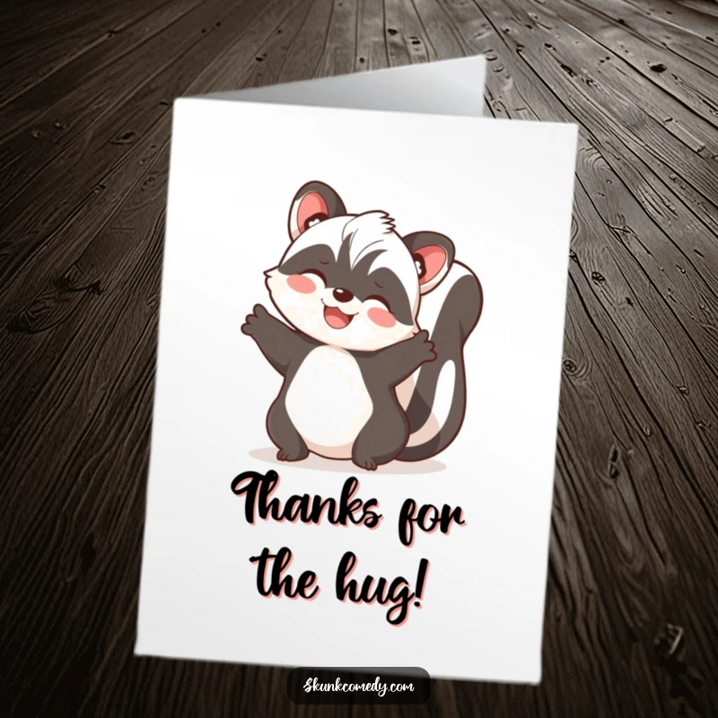 Funny free printable thank you card depicting a joyful skunk with paws spread wide, ready to give a loving hug.