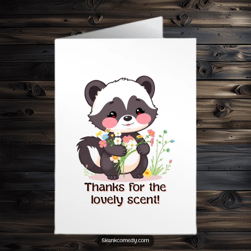 Funny Free Printable Thank You Card: A skunk with rosy cheeks tenderly holds a sweet bouquet of wildflowers, expressing gratitude.