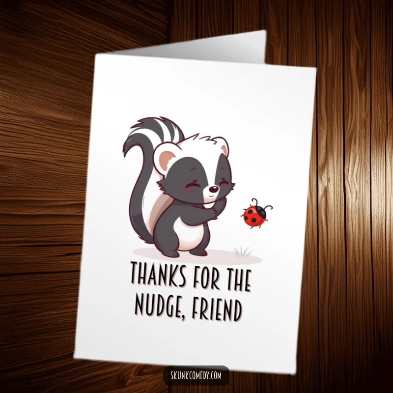Funny Free Printable Thank You Card: A skunk gently guides a lost ladybug, a sweet and humorous way to say thank you.