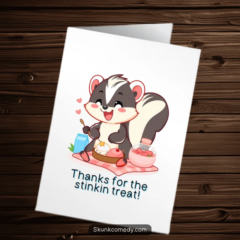 Funny Free Printable Thank You Card: A smiling skunk shares a picnic, offering a humorous way to express your gratitude.