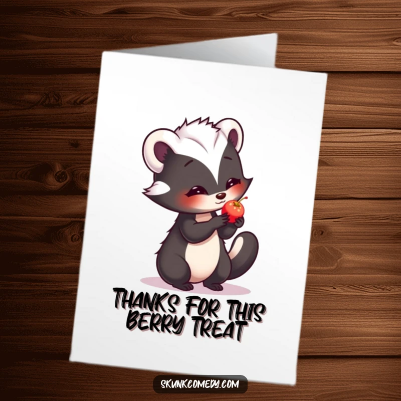 Funny free printable thank you card: A shy, sweet skunk offers a small, luminous berry, a symbol of sincere thanks.