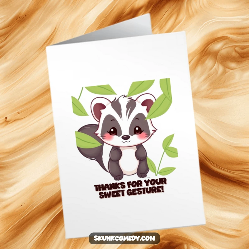 Funny Free Printable Kawaii Skunk Thank You Card: Shy skunk peeking from leaves, conveying heartfelt thanks with a sweet smile.