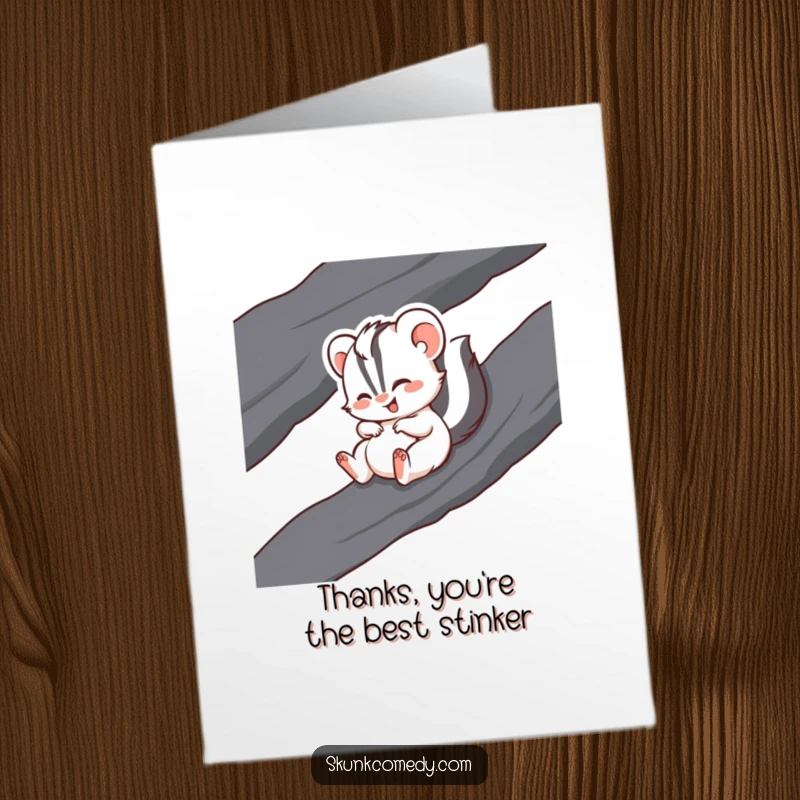 Funny free printable thank you card: A skunk slides down a rock with a huge giggle, sending happy thanks.