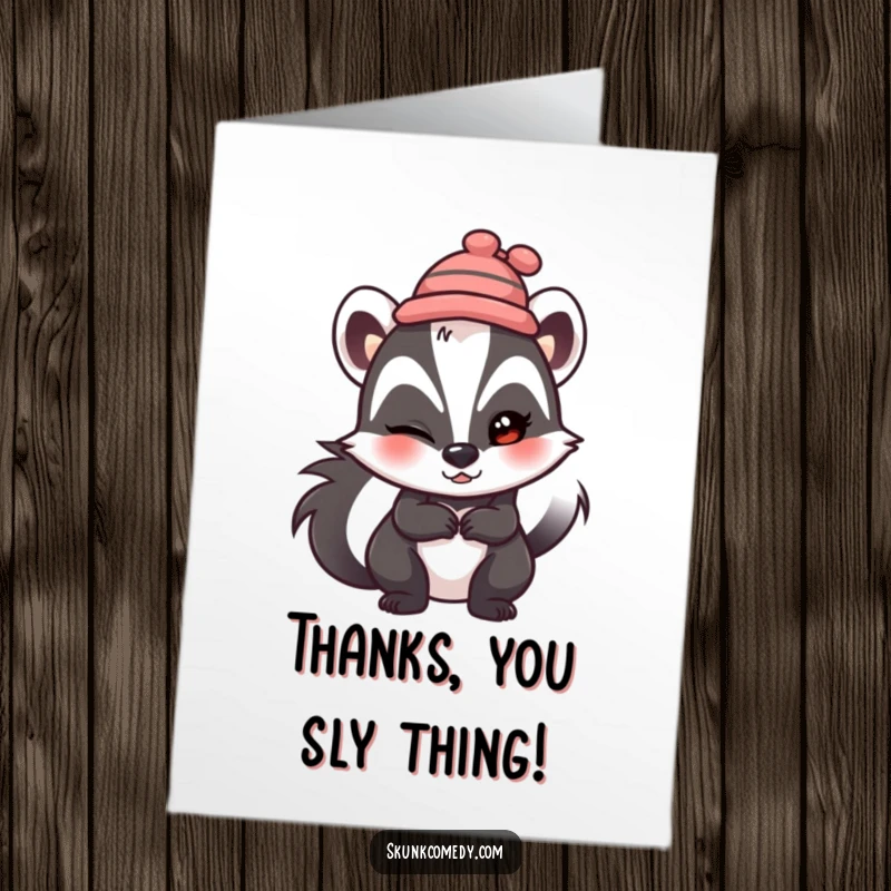 Funny Free Printable Thank You Card: A skunk in a hat gives a mischievous wink, expressing thanks with a fun twist.