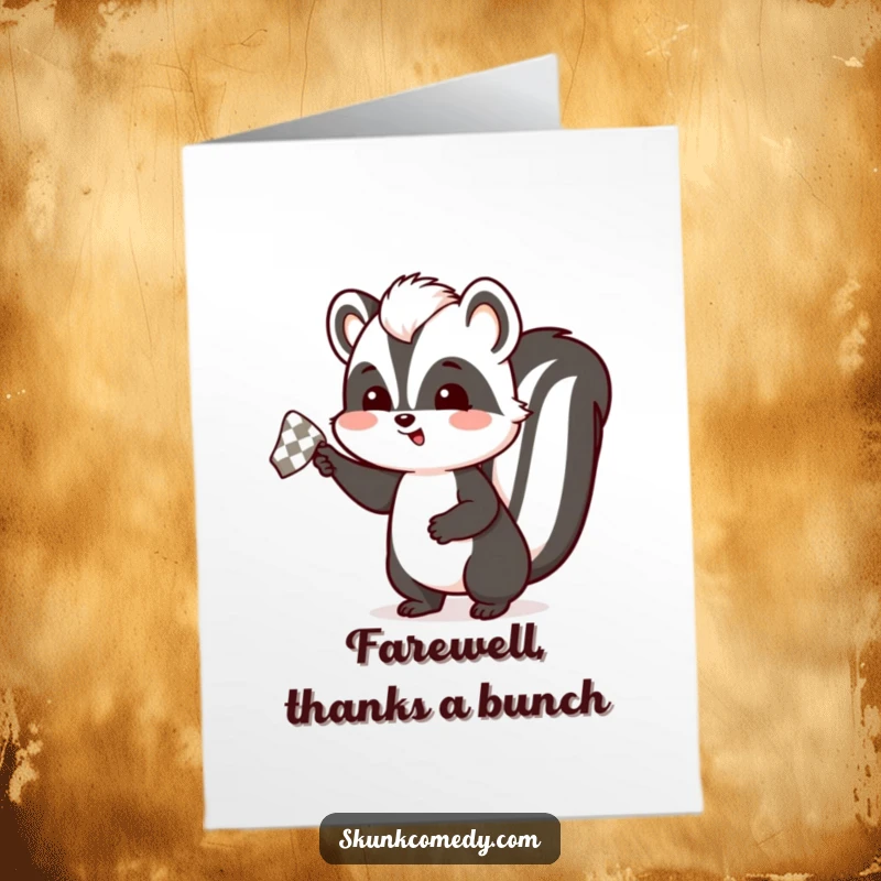 Funny free printable thank you card featuring a skunk enthusiastically waving a small, checkered handkerchief in greeting.