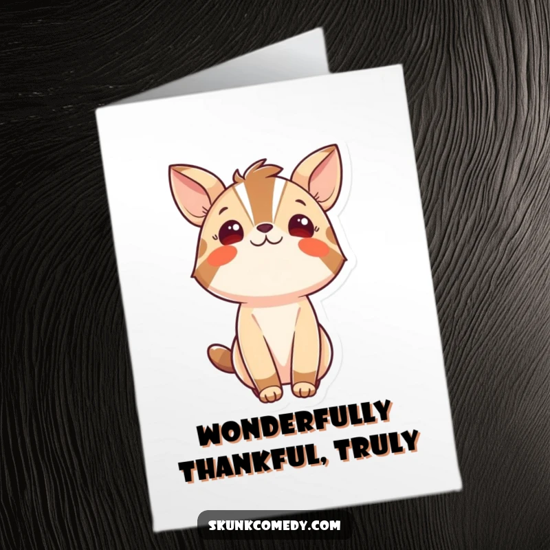 Funny free printable thank you card of a striped animal character gazing upwards with a sense of wonder and thankfulness.
