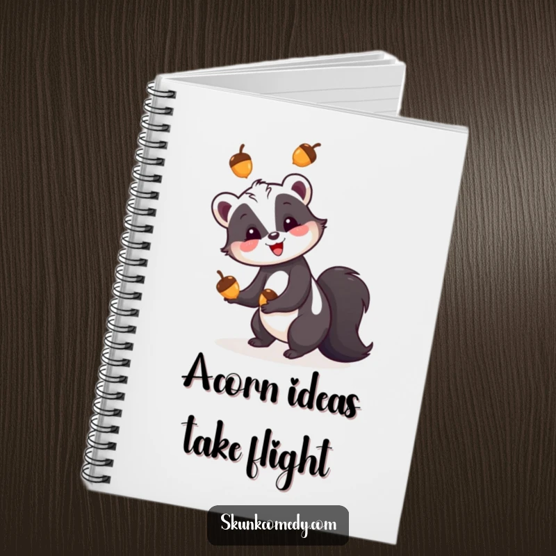 Funny skunk notebook, a skunk happily juggling three colorful acorns, for jotting notes with a touch of woodland skill.