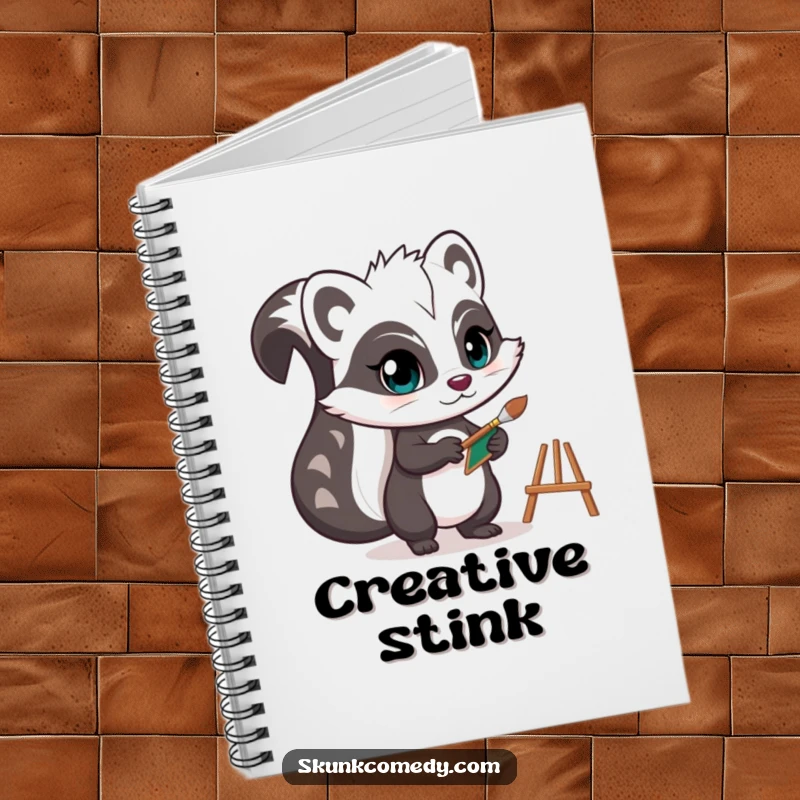 Funny skunk notebook with a determined artist skunk holding a tiny paintbrush and easel, perfect for jotting down creative ideas.