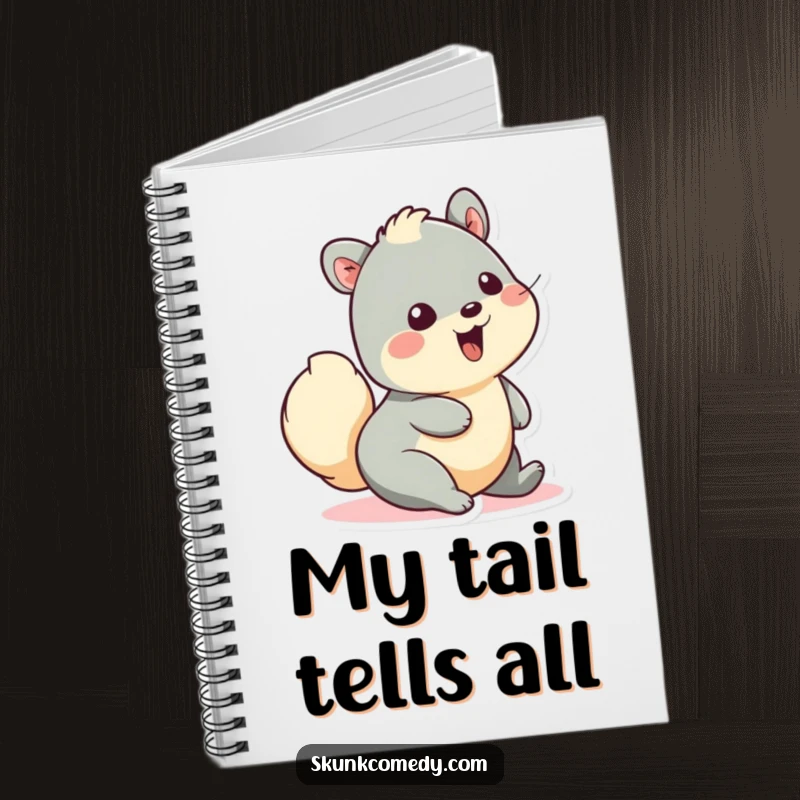 Funny notebook with a creature wiggling its fluffy tail in pure delight, designed for jotting down notes and ideas with a smile.